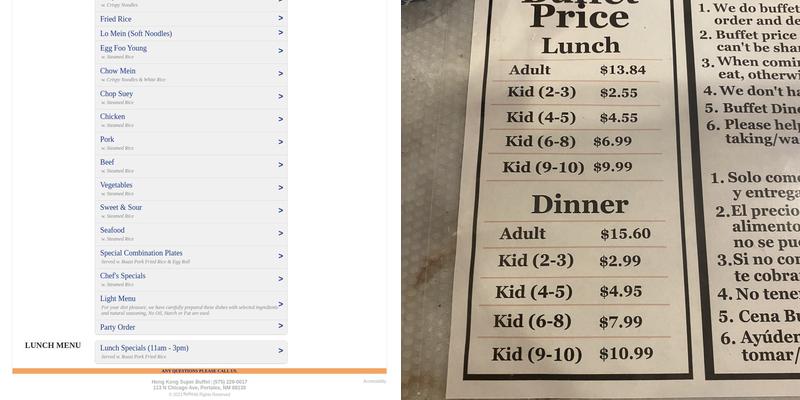 Hong Kong Super Buffet Menu