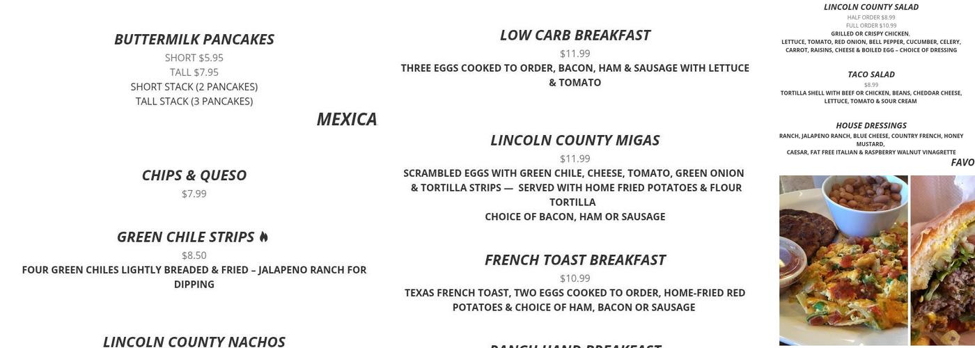 Lincoln County Grill Menu