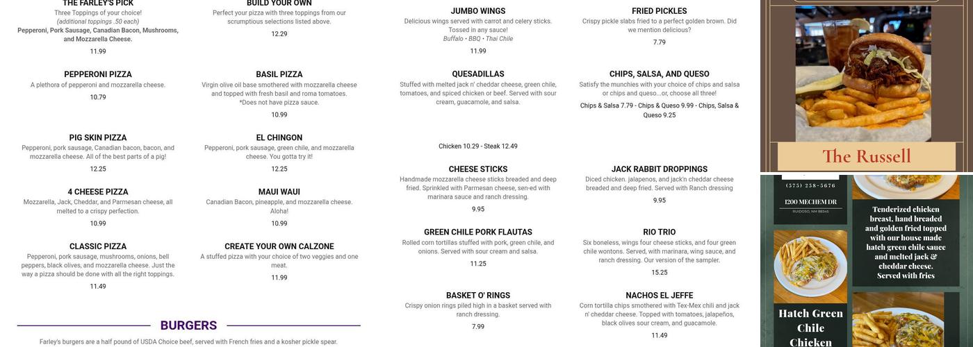 Farley's Food Fun & Pub Menu