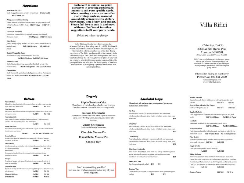 Villa Rifici Menu