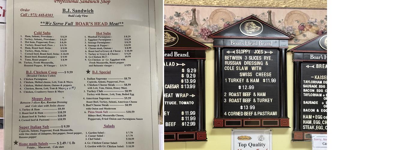 B J Sandwich Shop Menu