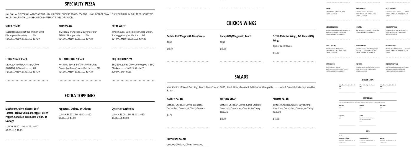 Bruno's Pizza Menu