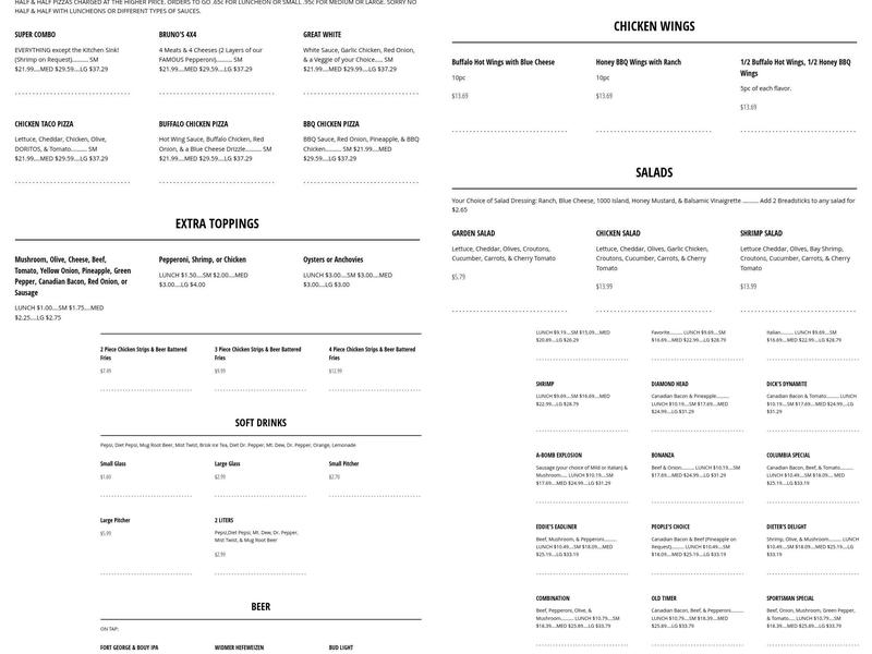 Bruno's Pizza Menu