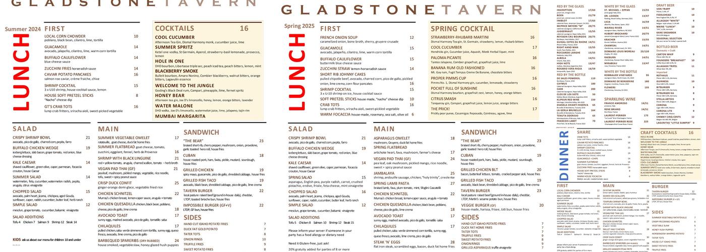 Gladstone Tavern Menu
