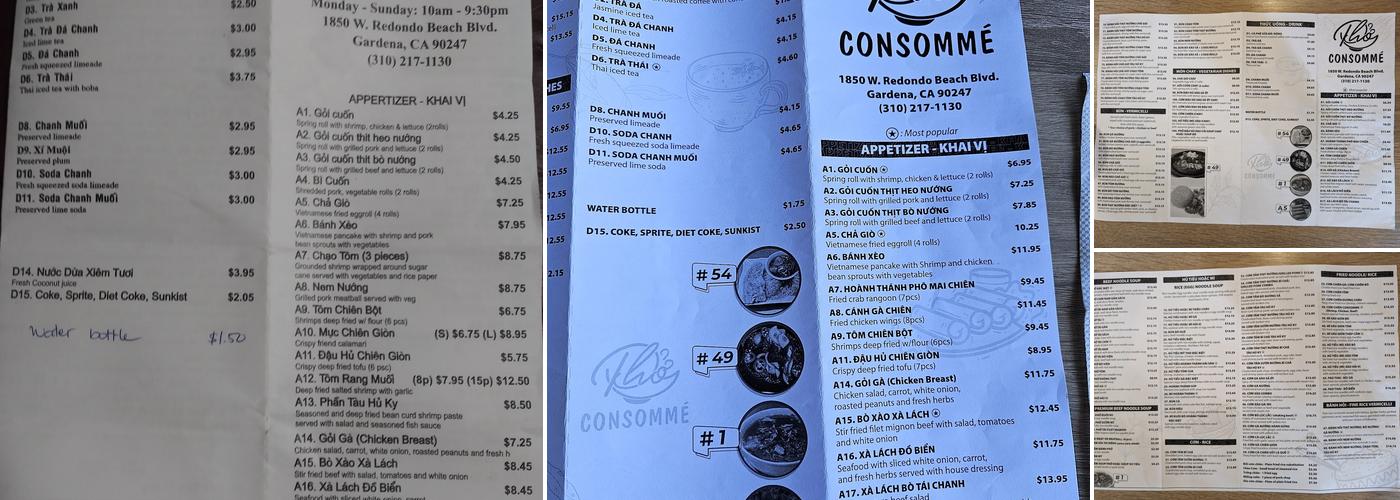 Pho Consomme Menu