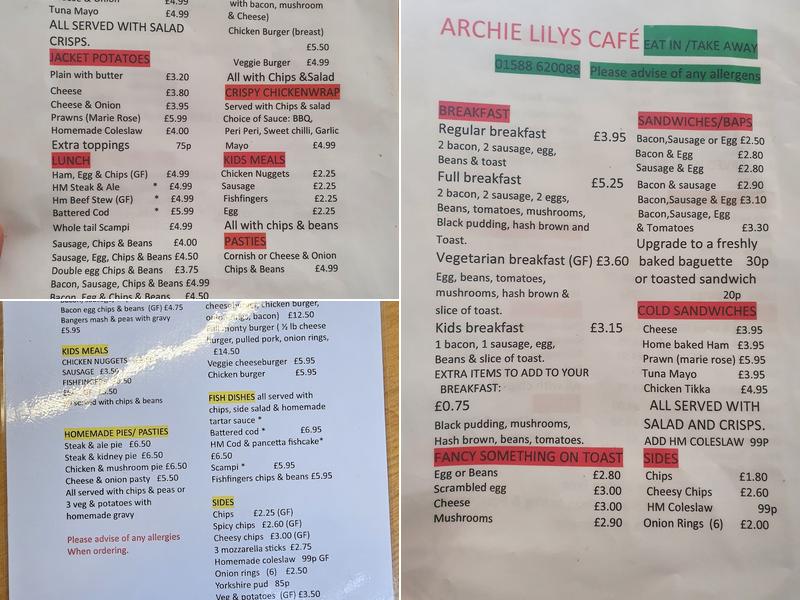 Archie-Lilys Cafe Menu