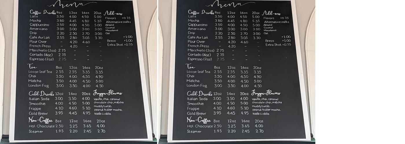 Hidden River Roasters' Old Town Menu