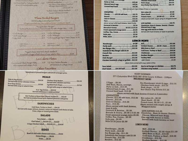 Kozy Korner Restaurant Menu