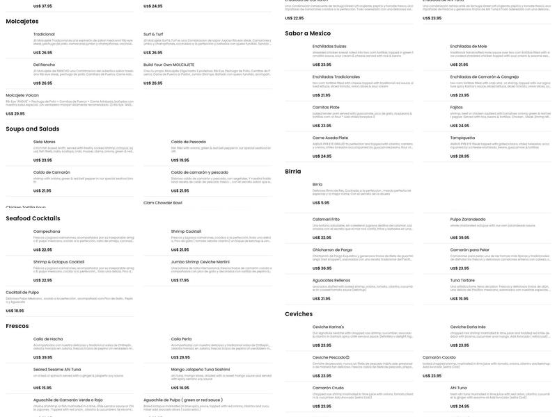 Karina's Mexican Seafood Menu