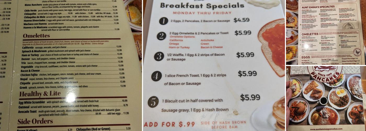 Aunt Emma's Pancakes Menu