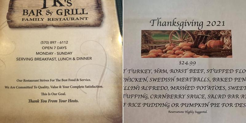 T K's Bar & Grill Menu