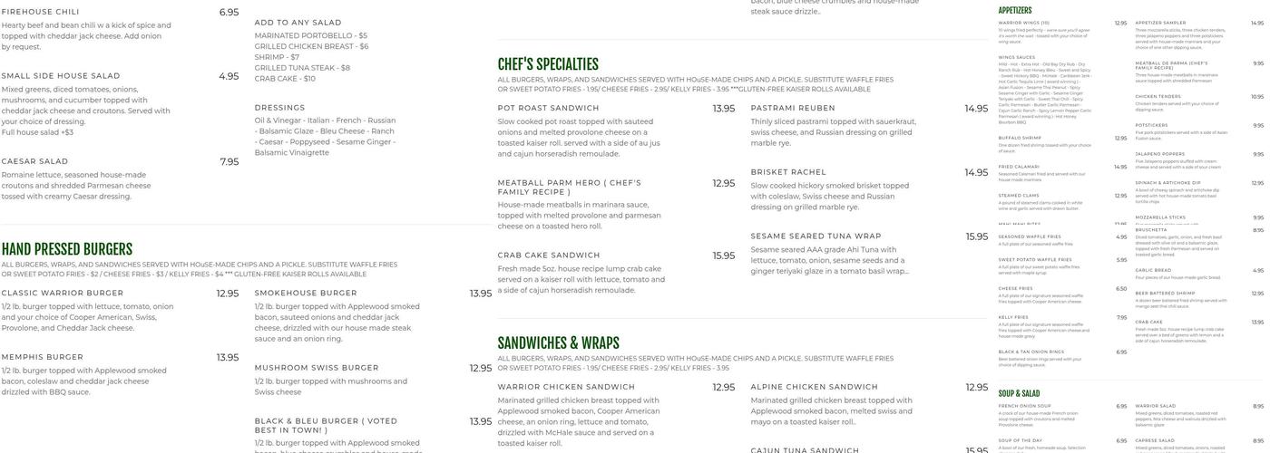 The Warrior Grill Menu