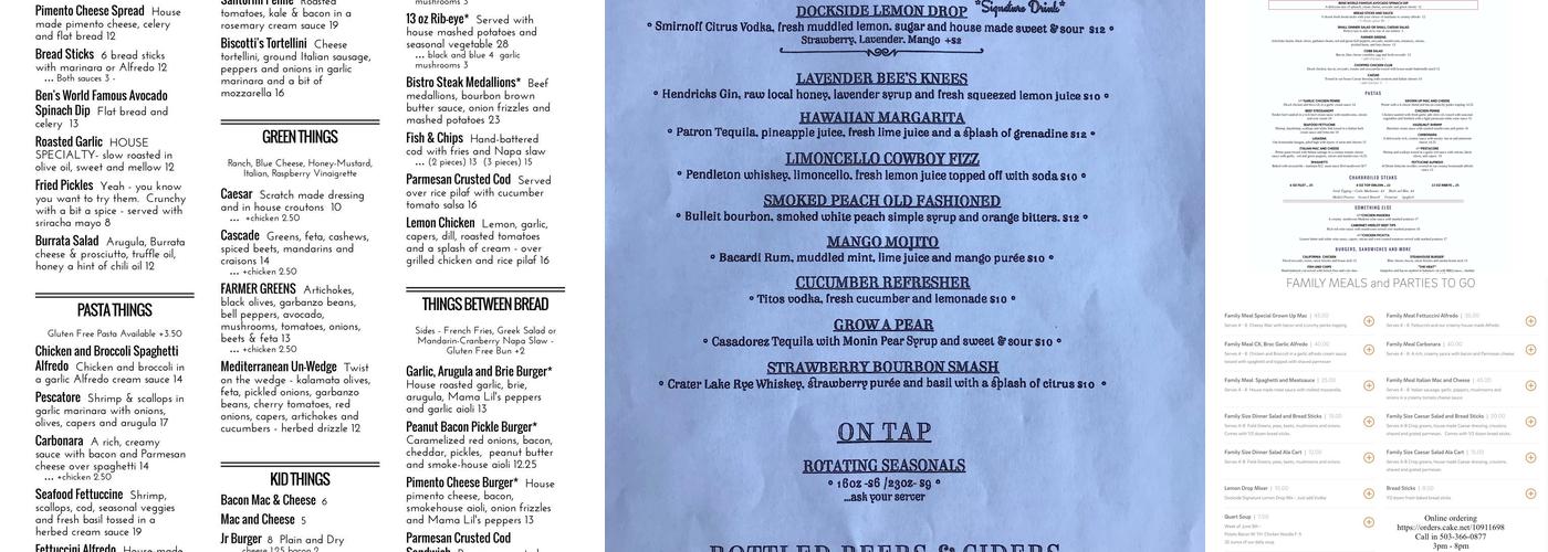 Dockside Steak and Pasta Menu