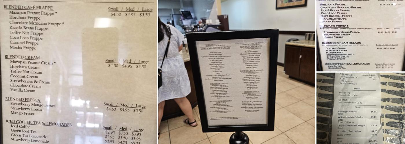 Tierra Mia Coffee Menu