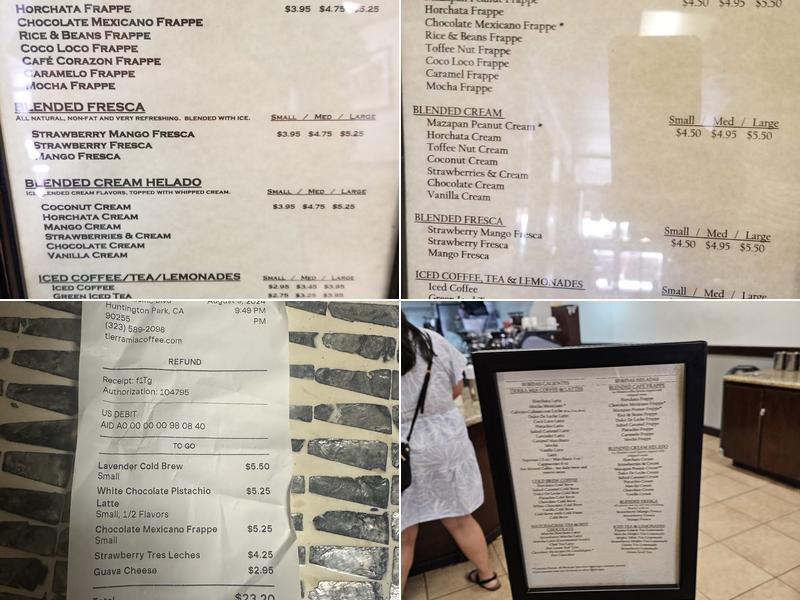 Tierra Mia Coffee Menu