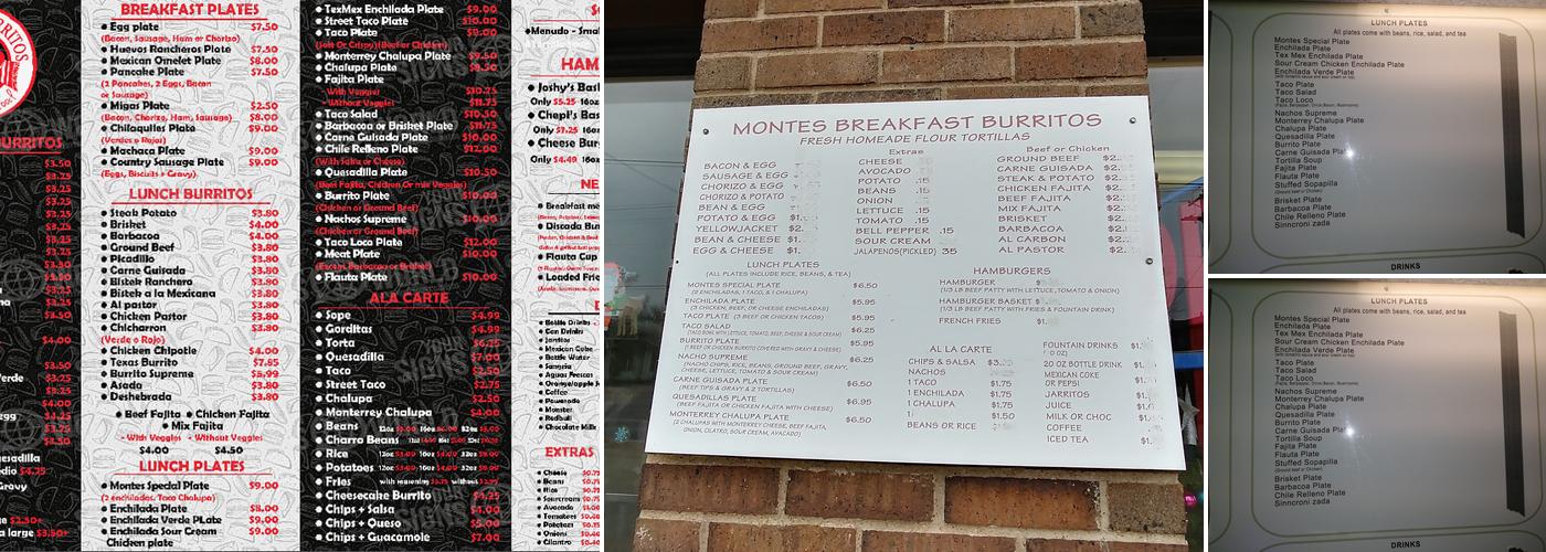 Montes Breakfast Burritos Menu