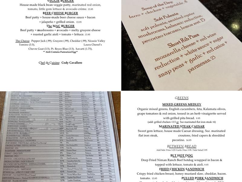 Taps On The River Menu