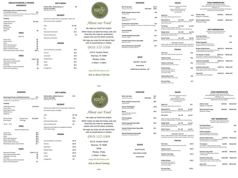 Sage Cafe Menu