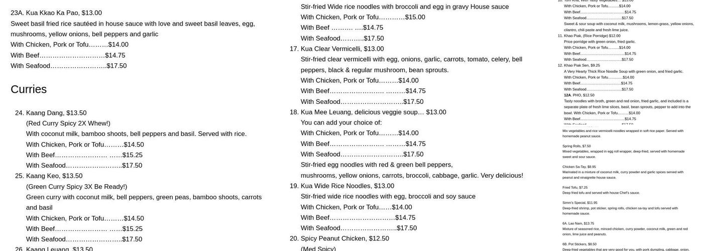 Simm Oriental Cuisine Menu