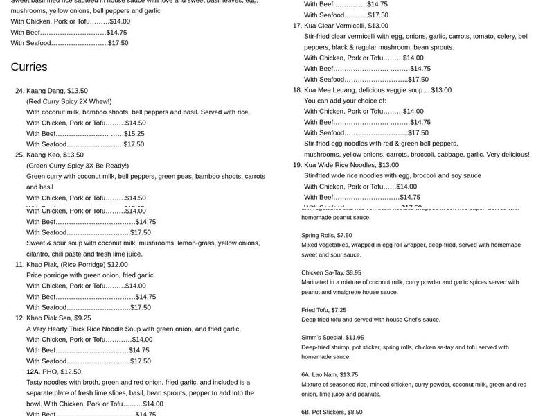 Simm Oriental Cuisine Menu