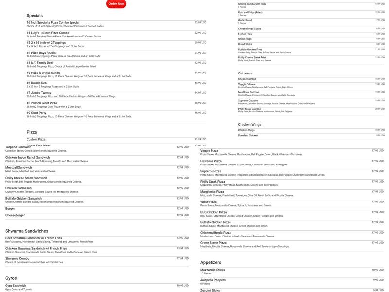 Luigi's New York Giant Pizza Menu