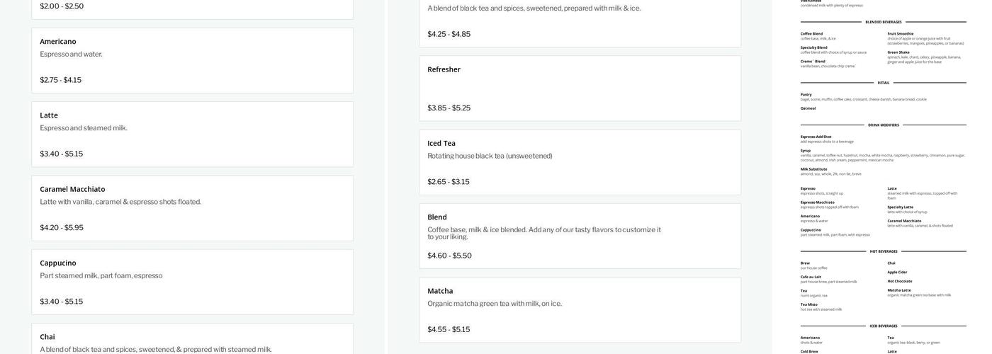 Sea Ridge Coffee Menu