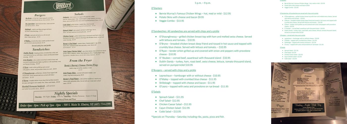 Bernie Murray's Menu