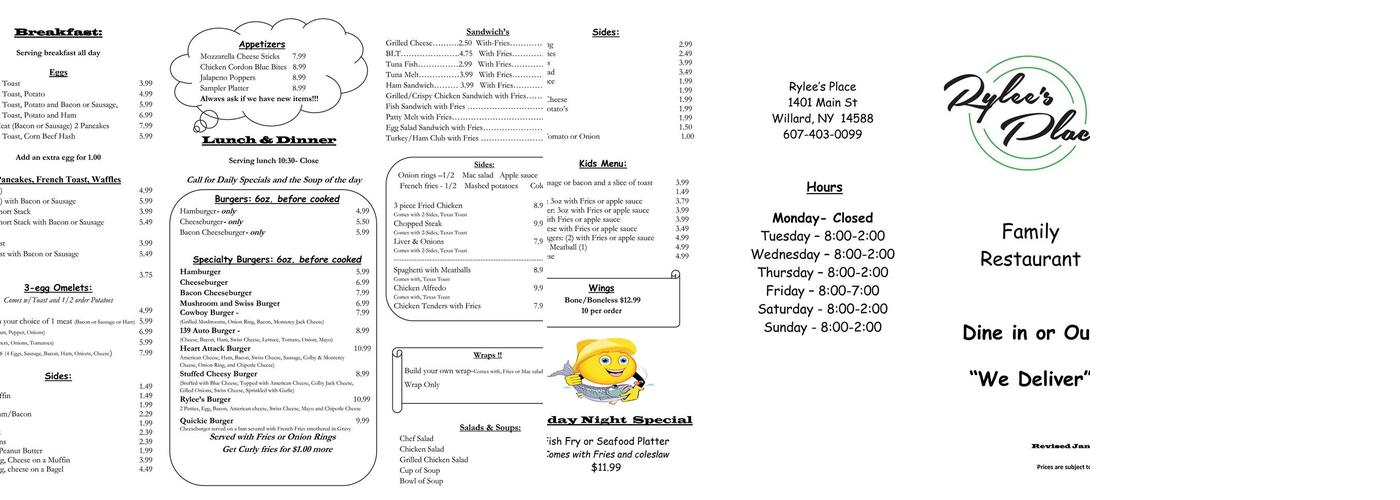 Rylee's Place Family Diner Menu