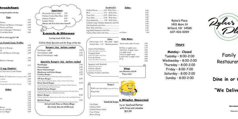 Rylee's Place Family Diner Menu
