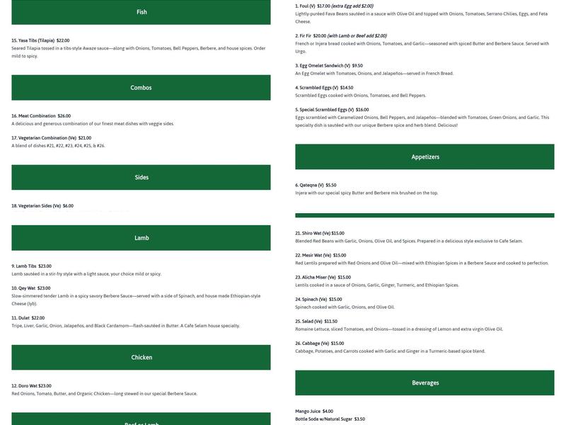 Cafe Selam Menu