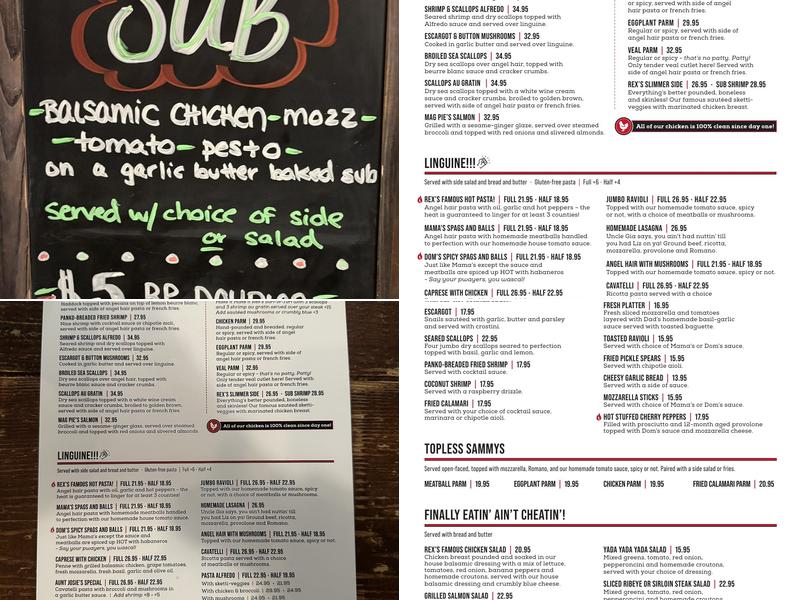 Rex's Pasta Menu