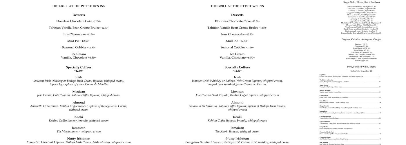 The Grill at The Pittstown Inn Menu