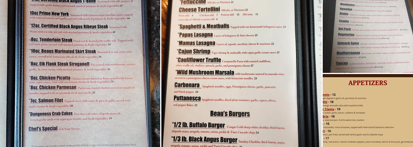 Beau's Pizza & Pasta Menu