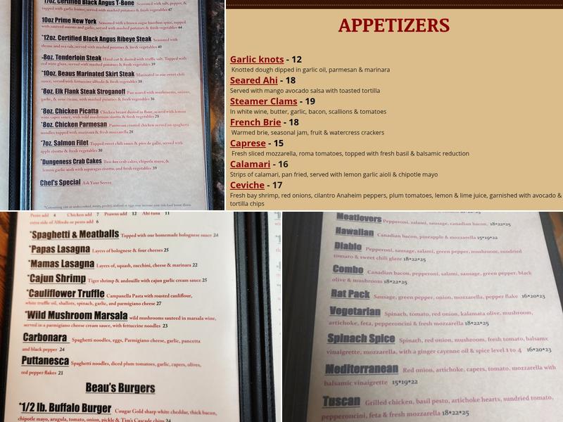 Beau's Pizza & Pasta Menu