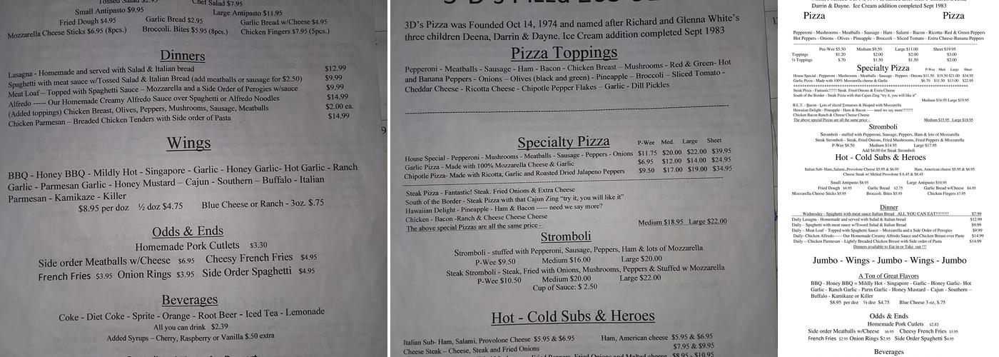 3 D's Pizza Menu