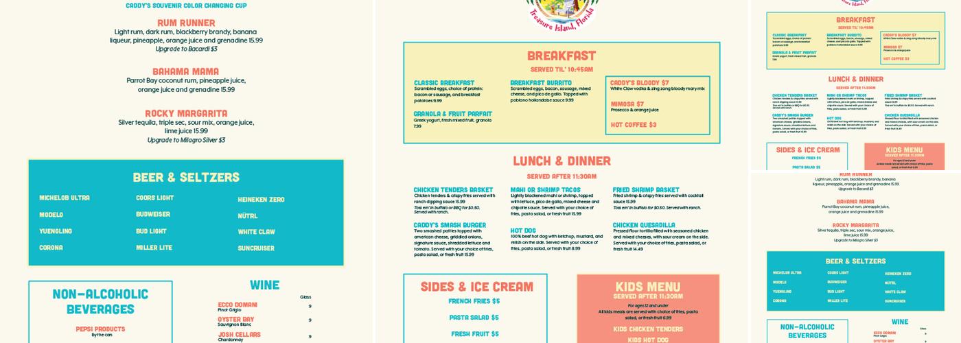 Caddy's Treasure Island Menu
