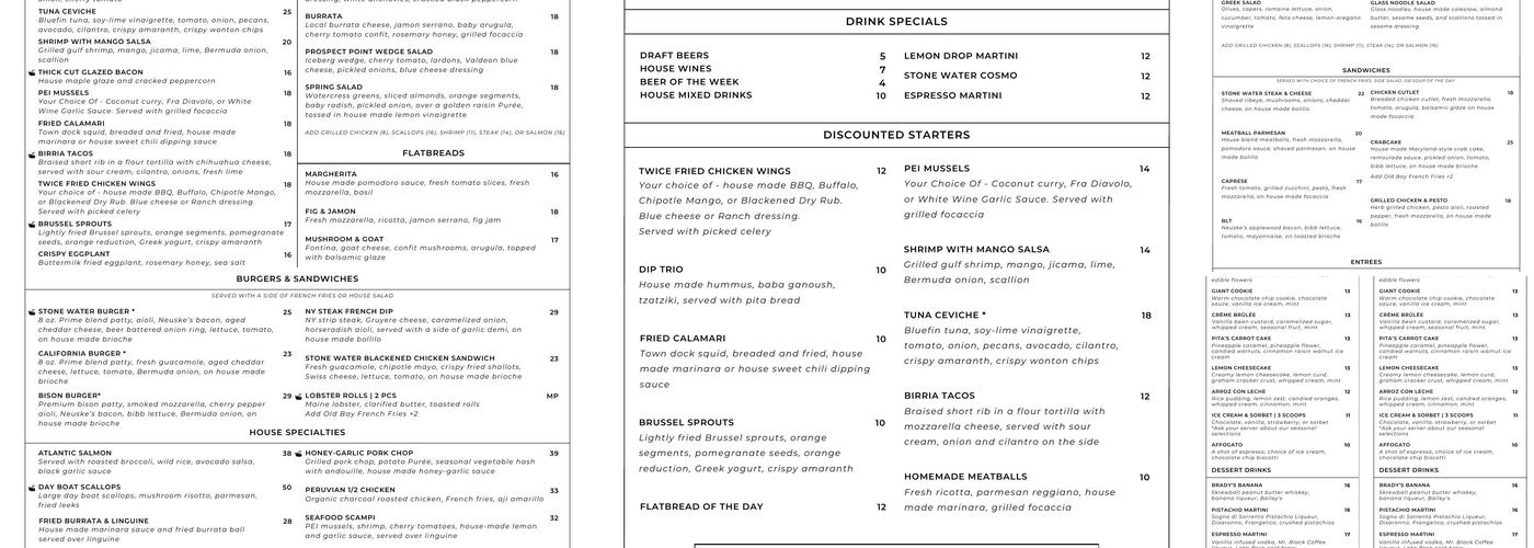 Stone Water at 3 Peaks Marina Menu