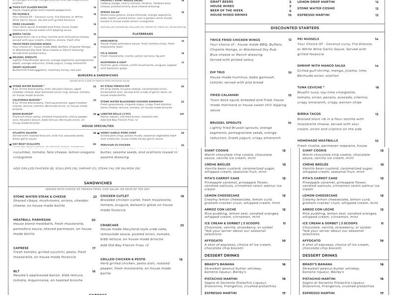 Stone Water at 3 Peaks Marina Menu