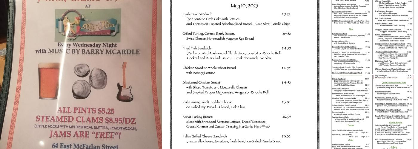 Quiet Man Pub Menu