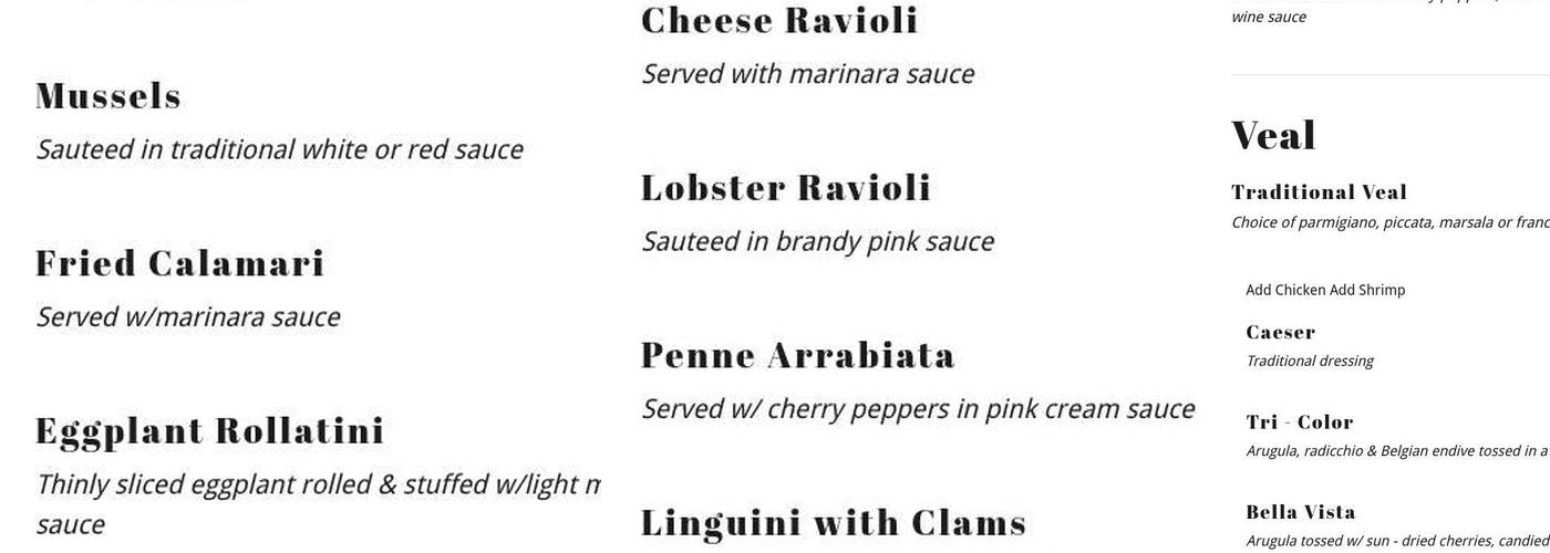 Bella Vista Ristorante Menu