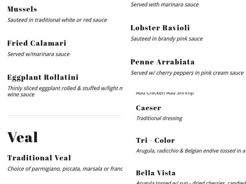 Bella Vista Ristorante Menu