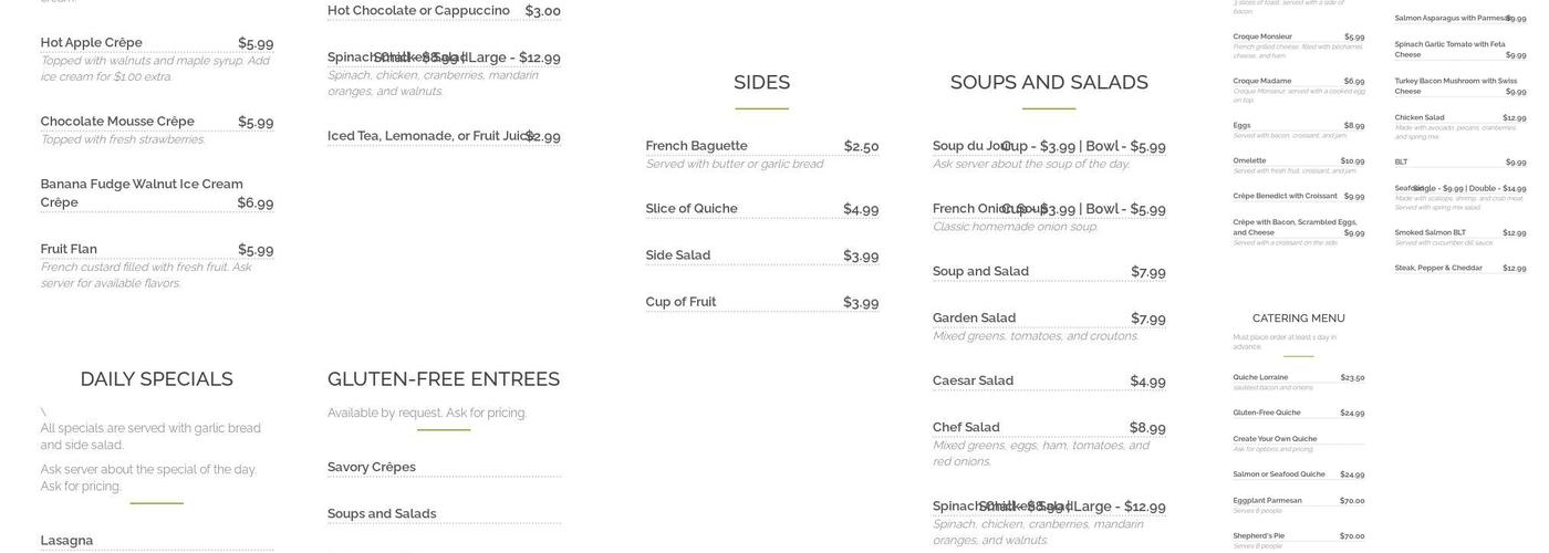 Quiche et Crepe Menu