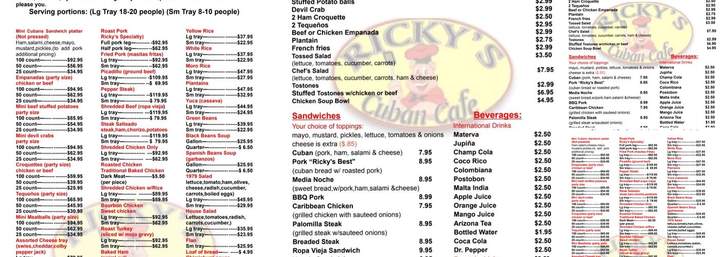 Ricky's Cuban Cafe Menu