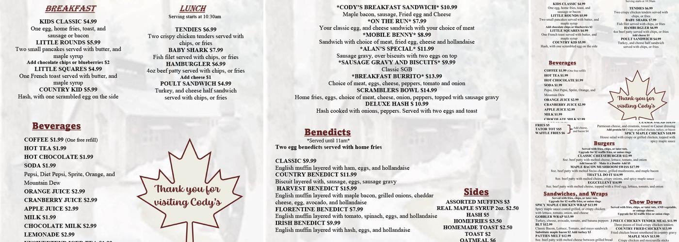 Cody's Cafe Menu