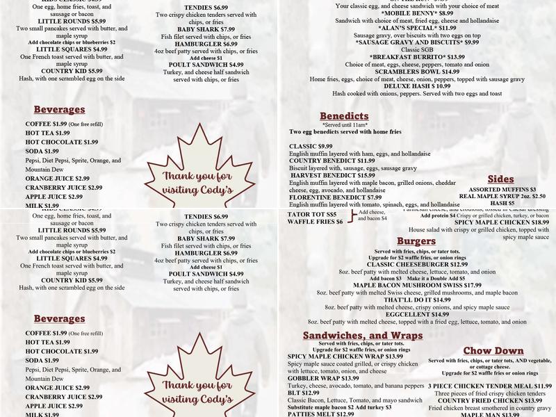 Cody's Cafe Menu