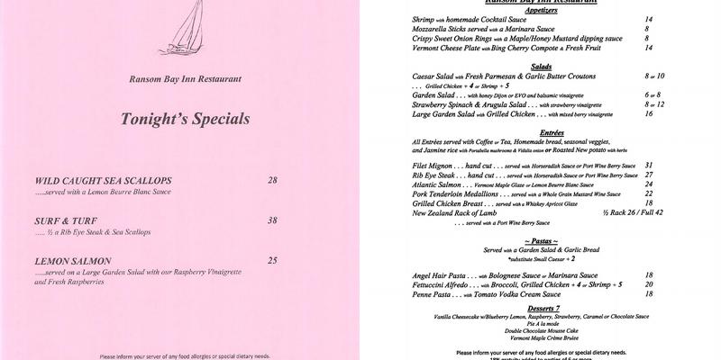 Ransom Bay Inn & Restaurant Menu