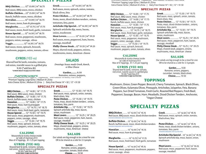 Pan's Pizza Menu