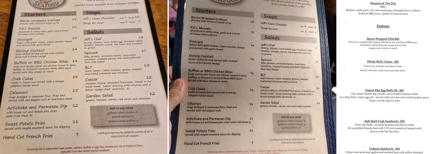 Jeff's Maine Seafood Menu
