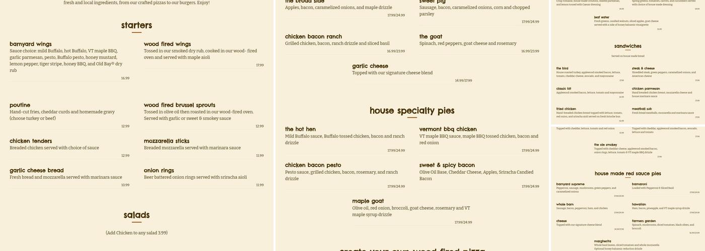 Barnyard Wood Crafted Pizza Menu