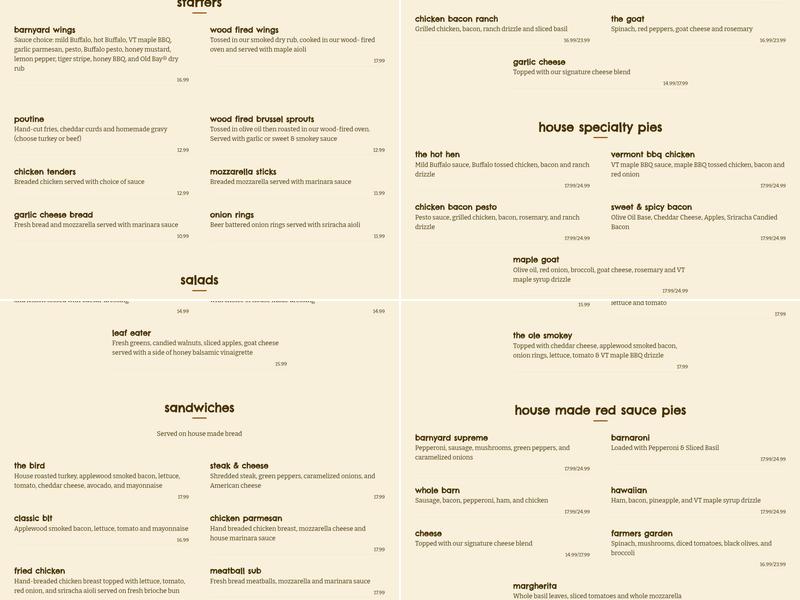 Barnyard Wood Crafted Pizza Menu